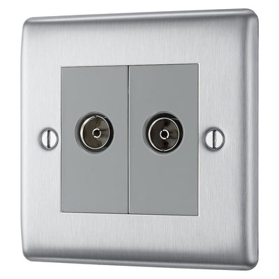 BG Nexus Brushed Steel Double Isolated Co-Axial Socket NBS63 with 35mm Steel Back Box