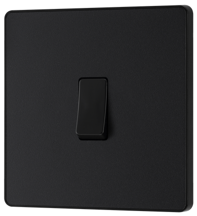 PCDMB13B Front - This Evolve Matt Black 20A 16AX intermediate light switch from British General should be used as the middle switch when you need to operate one light from 3 different locations, such as either end of a hallway and at the top of the stairs.