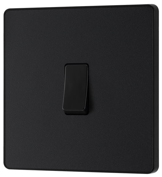 PCDMB13B Front - This Evolve Matt Black 20A 16AX intermediate light switch from British General should be used as the middle switch when you need to operate one light from 3 different locations, such as either end of a hallway and at the top of the stairs.