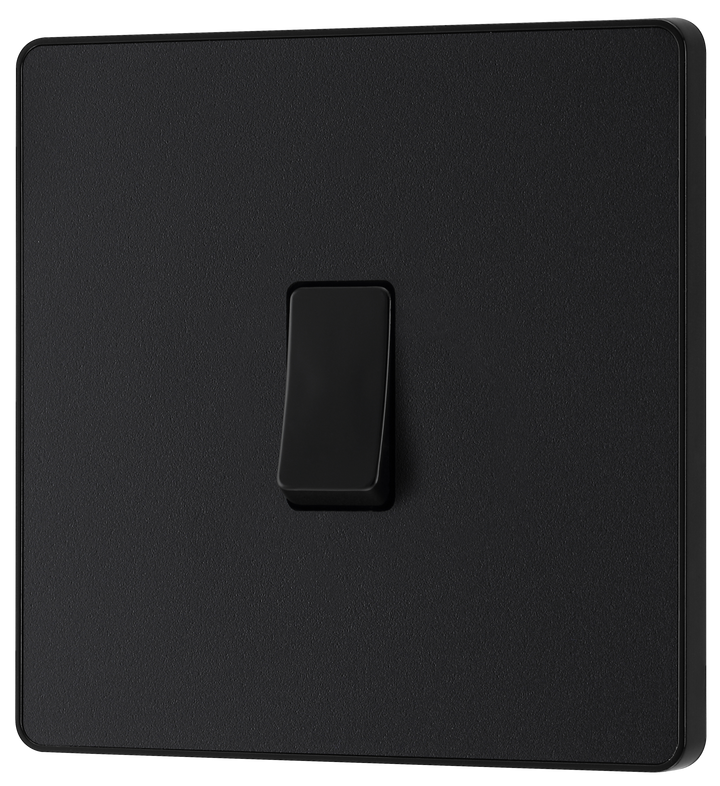 PCDMB13B Front - This Evolve Matt Black 20A 16AX intermediate light switch from British General should be used as the middle switch when you need to operate one light from 3 different locations, such as either end of a hallway and at the top of the stairs.