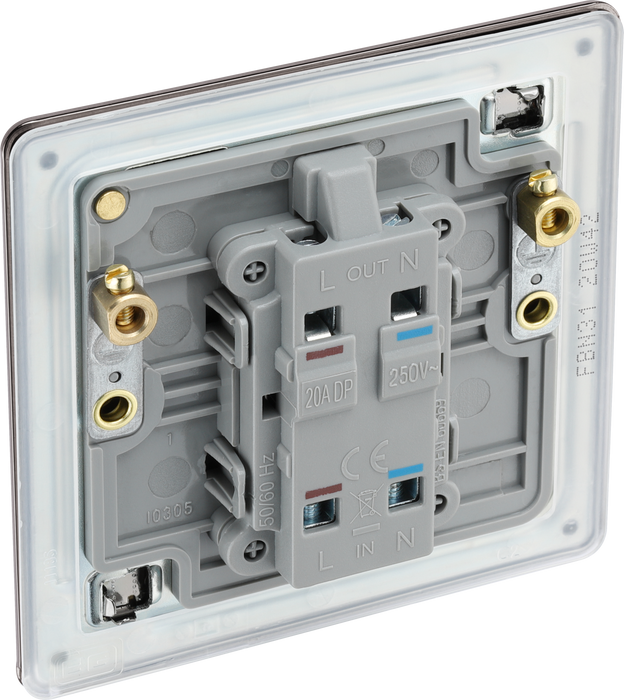 FBN31 Back - This Screwless Flat plate black nickel finish 20A double pole switch with indicator from British General has been designed for the connection of refrigerators water heaters, central heating boilers and many other fixed appliances.