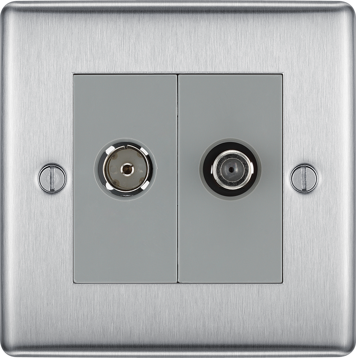 NBS65 Front - This satellite and coaxial socket from British General provides 1 outlet for a TV or FM coaxial aerial connection and 1 outlet for satellite connection.