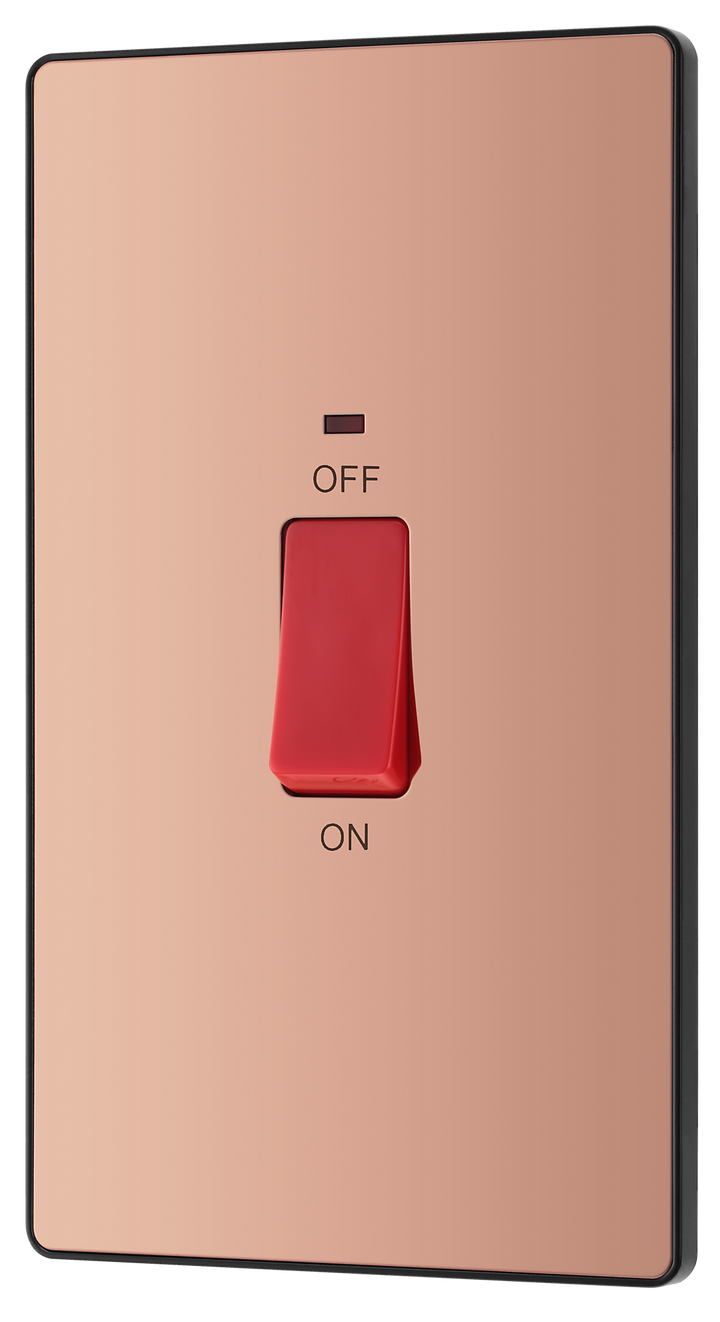 PCDCP72B Front - This Evolve Polished Copper 45A double pole switch with indicator from British General is ideal for use with cookers and has a large mounting plate measuring 146mm high x 86mm wide.