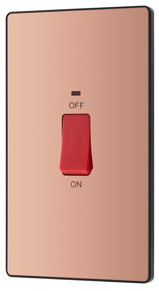 PCDCP72B Front - This Evolve Polished Copper 45A double pole switch with indicator from British General is ideal for use with cookers and has a large mounting plate measuring 146mm high x 86mm wide.