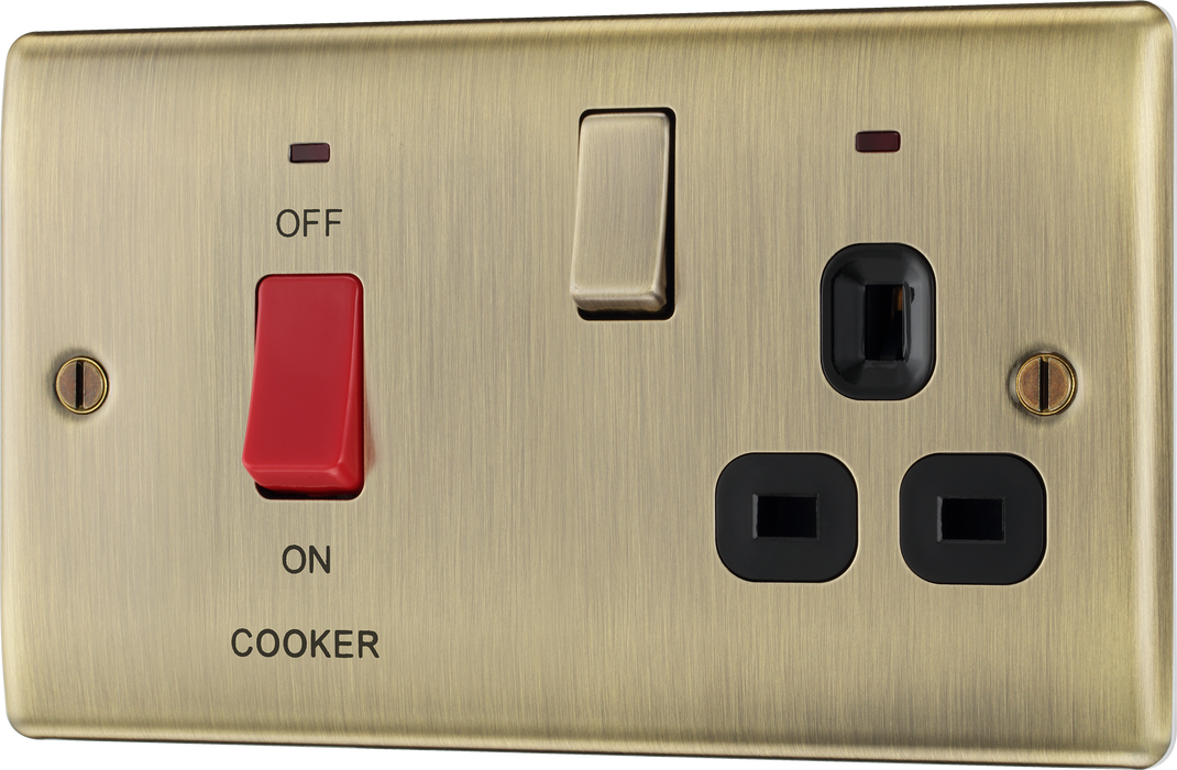 NAB70B Front - This 45A cooker control unit from British General includes a 13A socket for an additional appliance outlet, and has flush LED indicators above the socket and switch.