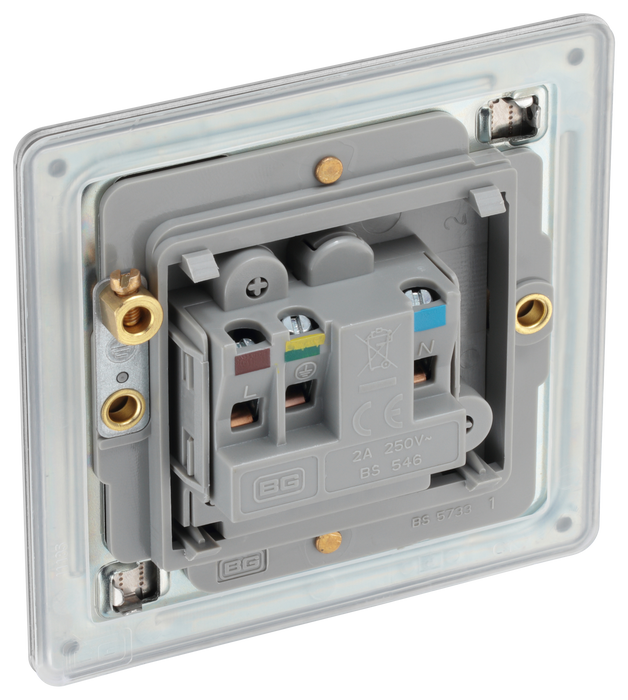 FBS28G Back - This 2A round pin socket from British General can be used to connect low power appliances and can be used to connect lamps to a lighting circuit.