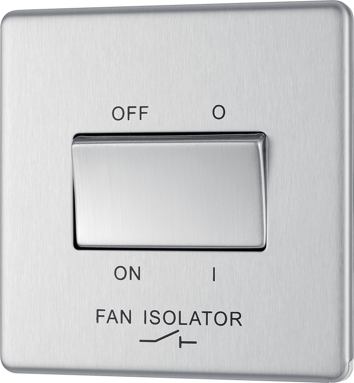 FBS15 Front - This Screwless Flat plate brushed steel finish 10A triple pole fan isolator switch from British General provides a safe and simple method of isolating mechanical fan units. 