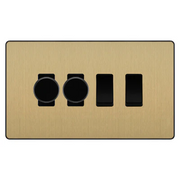 BG Evolve Satin Brass 4 Gang Light Switch Grid – 2x Trailing-Edge LED Dimmer, 1x Intermediate, 1x 2-Way Switch by British General (BG-Evolve-SB-4G-2x-Dimmer-1x-INT-1x-2Way)