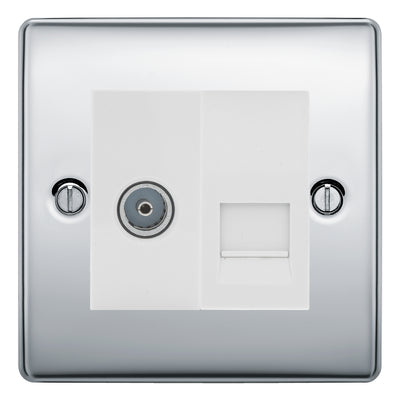 BG Nexus Polished Chrome TV Aerial & BT Telephone Outlet Plate — Screened + IDC - White