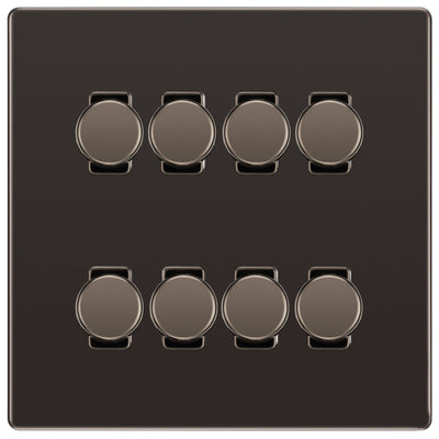 BG Black Nickel Screwless Flat Plate 8 Gang Trailing Edge LED Dimmer Light Switch 2 Way Custom Switch by British General (SCREWLESS-BN-8G-CUSTOM-8xDIMMER-2Way)