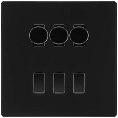 BG Screwless Matt Black 6 Gang Switch 3x Trailing Edge LED Dimmer 3x Intermediate Custom Grid Switch by British General (BG-SCRL-FB-6G-CUSTOM-3x-Dimmer-3x-INT)