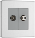 BG FBS65 Flatplate Screwless Satellite and Co-axial Socket, 2 Gang, Brushed Steel - Grey Insert