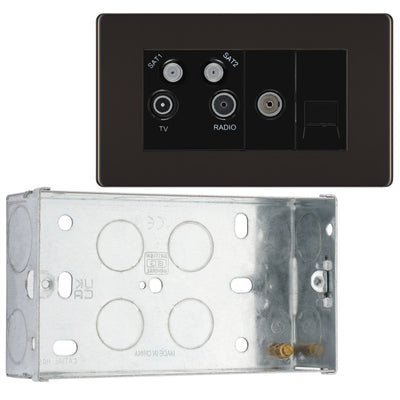 BG Screwless Black Nickel Quadplex TV FM SAT (x2) FBN69 with 35mm Steel Back Box