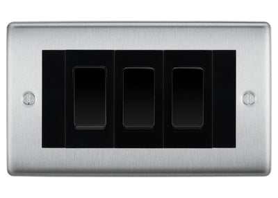 BG Nexus Brushed Steel 3 Gang Intermediate Light Switch Custom Grid - Black Insert by British General (BG-Nexus-BS-3G-Combo-3x INT-BL)