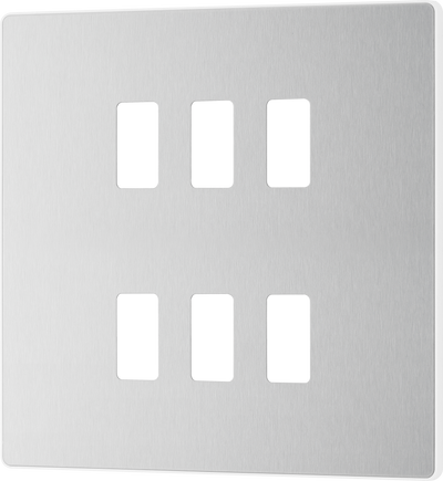 BG RPCDBS6W Evolve Grid Brushed Steel 6 Module Square Front Plate - White Trim