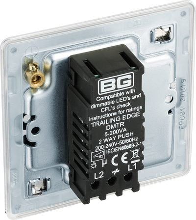 BG Electrical FPC81 Nexus Flatplate Screwless Polished Chrome 1 Gang 200W 2 Way Trailing-Edge Push Dimmer Switch