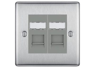 BG Nexus Metal Brushed Steel 2 Gang RJ45 Data Socket NBSRJ452G Grey Inserts by British General (BG-NBSRJ452G)