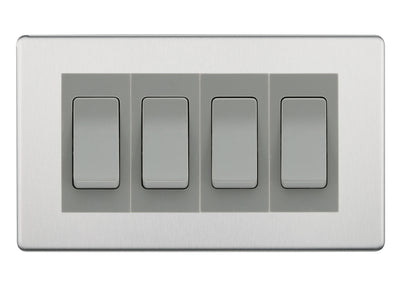 BG Brushed Steel Screwless 4 Gang Intermediate Light Switch Custom Grid - Grey Insert