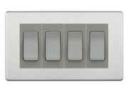 BG Brushed Steel Screwless 4 Gang Intermediate Light Switch Custom Grid - Grey Insert by British General (BG-SCRL-BS-4G-Combo-4x INT-GR)