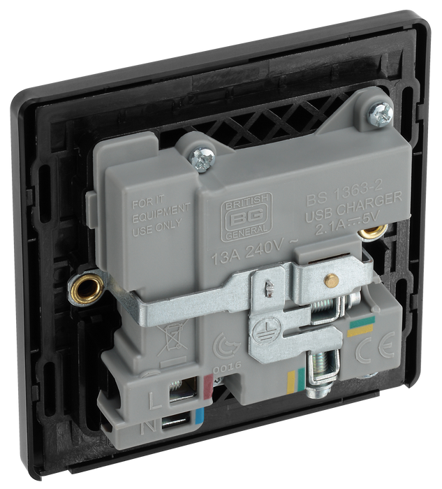 PCDBC21B Back - This Evolve Black Chrome 13A single switched socket from British General has been designed with angled in line colour coded terminals and backed out captive screws for ease of installation, and fits a 25mm back box making it an ideal retro-fit replacement for existing sockets.