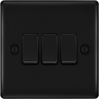 BG NFB43 Nexus Metal Matt Black 3 Gang 20A 16AX 2 Way Plate Switch
