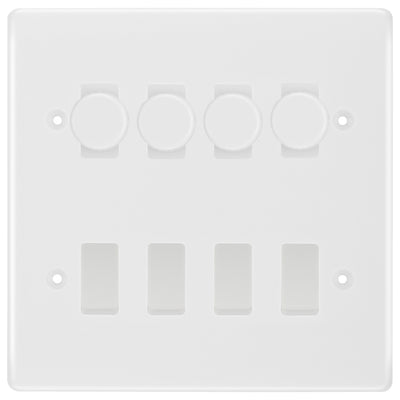 BG Nexus White Moulded 8 Gang Switch 4x Trailing Edge LED Dimmer 4x 2Way Custom Switch by British General (BG-Nexus-WM-8G-CUSTOM-4x-Dimmer-4x-2WAY)