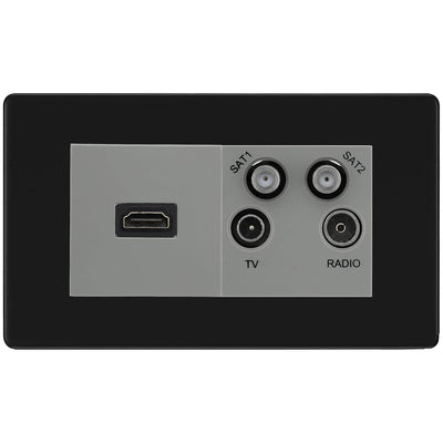 BG Screwless Matt Black 4G Faceplate with HDMI + TV/FM/SAT Module - Grey Insert by British General (BG-FFBEMR4-HDMI-TVFM2G)