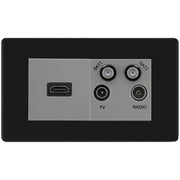 BG Screwless Matt Black 4G Faceplate with HDMI + TV/FM/SAT Module - Grey Insert by British General (BG-FFBEMR4-HDMI-TVFM2G)