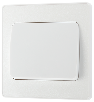 PCDCL12WW Front - This Evolve pearlescent white 20A 16AX single light switch from British General will operate one light in a room. The 2 way switching allows a second switch to be added to the circuit to operate the same light from another location (e.g. at the top and bottom of the stairs).
