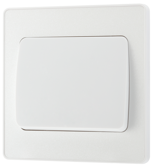 PCDCL12WW Front - This Evolve pearlescent white 20A 16AX single light switch from British General will operate one light in a room. The 2 way switching allows a second switch to be added to the circuit to operate the same light from another location (e.g. at the top and bottom of the stairs).