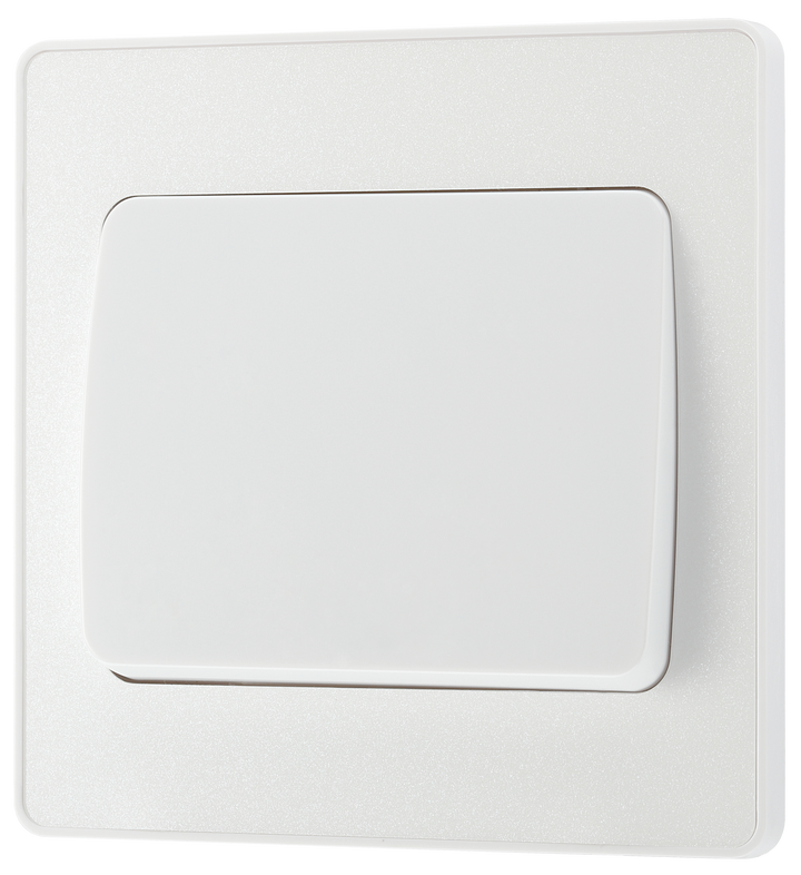 PCDCL12WW Front - This Evolve pearlescent white 20A 16AX single light switch from British General will operate one light in a room. The 2 way switching allows a second switch to be added to the circuit to operate the same light from another location (e.g. at the top and bottom of the stairs).