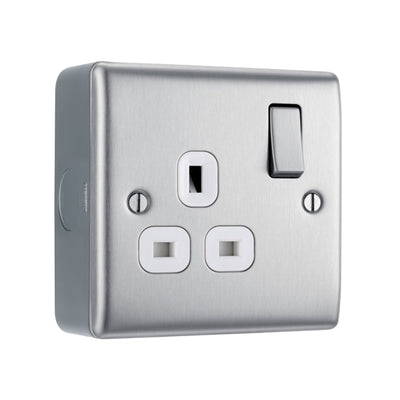 Brushed Steel 1 Gang 13A Switched Single Socket & Surface Pattress Back Box by British General (BG-NBS21W-MC501)