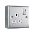 Brushed Steel 1 Gang 13A Switched Single Socket & Surface Pattress Back Box