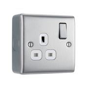 Brushed Steel 1 Gang 13A Switched Single Socket & Surface Pattress Back Box by British General (BG-NBS21W-MC501)