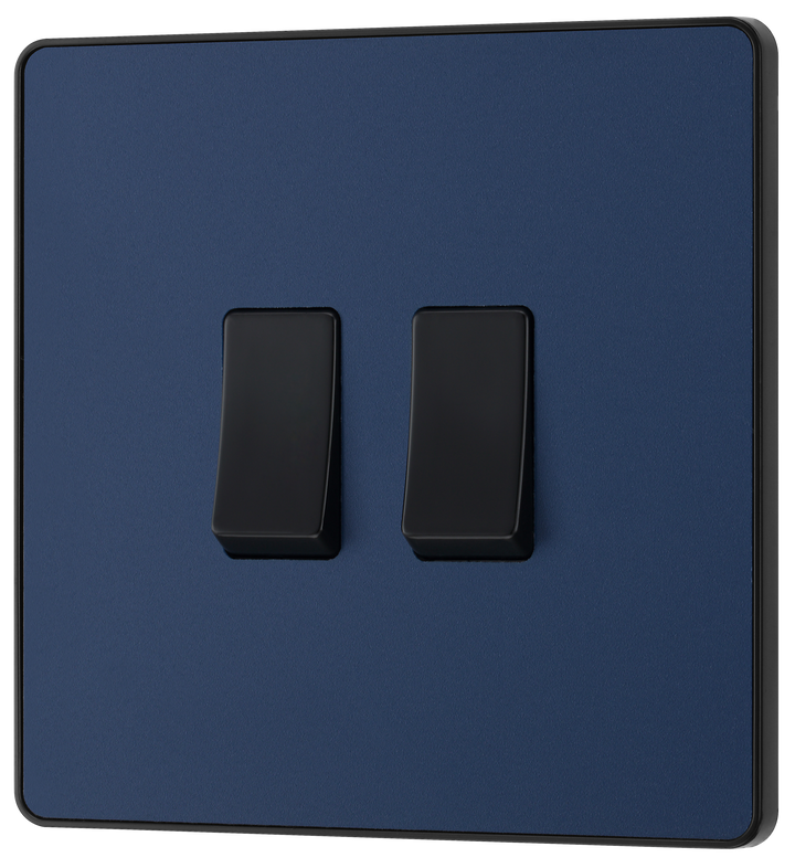 PCDDB42B Front - This Evolve Matt Blue 20A 16AX double light switch from British General can operate 2 different lights, whilst the 2 way switching allows a second switch to be added to the circuit to operate the same light from another location (e.g. at the top and bottom of the stairs).