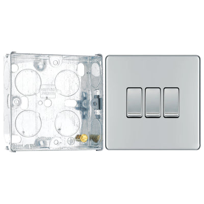 BG Screwless Polished Chrome 20A 16AX 2 Way Triple Light Switch FPC43 with 25mm Steel Back Box by British General (BG-FPC43+HGS02)