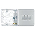 BG Screwless Polished Chrome 20A 16AX 2 Way Triple Light Switch FPC43 with 25mm Steel Back Box