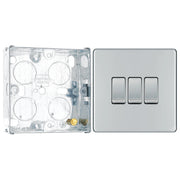 BG Screwless Polished Chrome 20A 16AX 2 Way Triple Light Switch FPC43 with 25mm Steel Back Box by British General (BG-FPC43+HGS02)