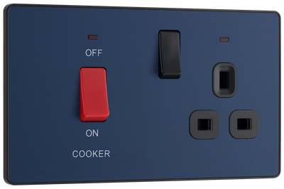 BG PCDDB70B Matt Blue Evolve 45A 2 Pole Cooker Control Unit 13A Switched Socket - Black Insert by British General (BG-PCDDB70B-Shopify-SA_1)