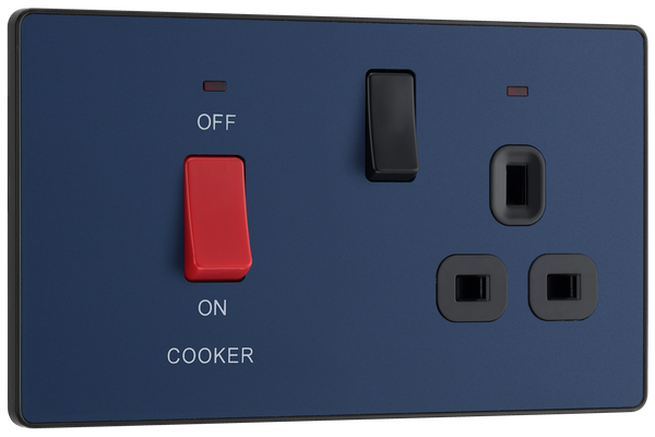 PCDDB70B Front -This Evolve Matt Blue 45A cooker control unit from British General includes a 13A socket for an additional appliance outlet, and has flush LED indicators above the socket and switch.