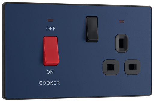 PCDDB70B Front -This Evolve Matt Blue 45A cooker control unit from British General includes a 13A socket for an additional appliance outlet, and has flush LED indicators above the socket and switch.