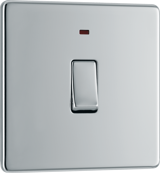 FPC31 Front - This Screwless Flat plate polished chrome finish 20A double pole switch with indicator from British General has been designed for the connection of refrigerators, water heaters, central heating boilers and many other fixed appliances.