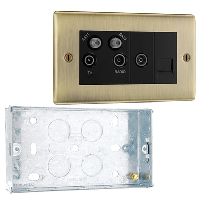 BG Nexus Antique Brass Quadplex TV FM SAT (x2) NAB69 with 25mm Steel Back Box by British General (BG-NAB69+HGS04)