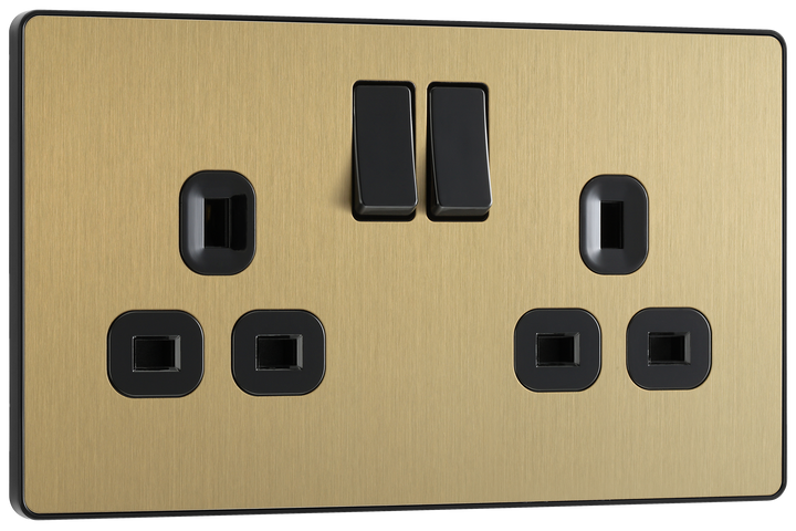 PCDSB22B Front - This Evolve Satin Brass 13A double switched socket from British General has been designed with angled in line colour coded terminals and backed out captive screws for ease of installation, and fits a 25mm back box making it an ideal retro-fit replacement for existing sockets.