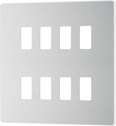 BG RPCDBS8W Evolve Grid Brushed Steel 8 Module Square Front Plate - White Trim