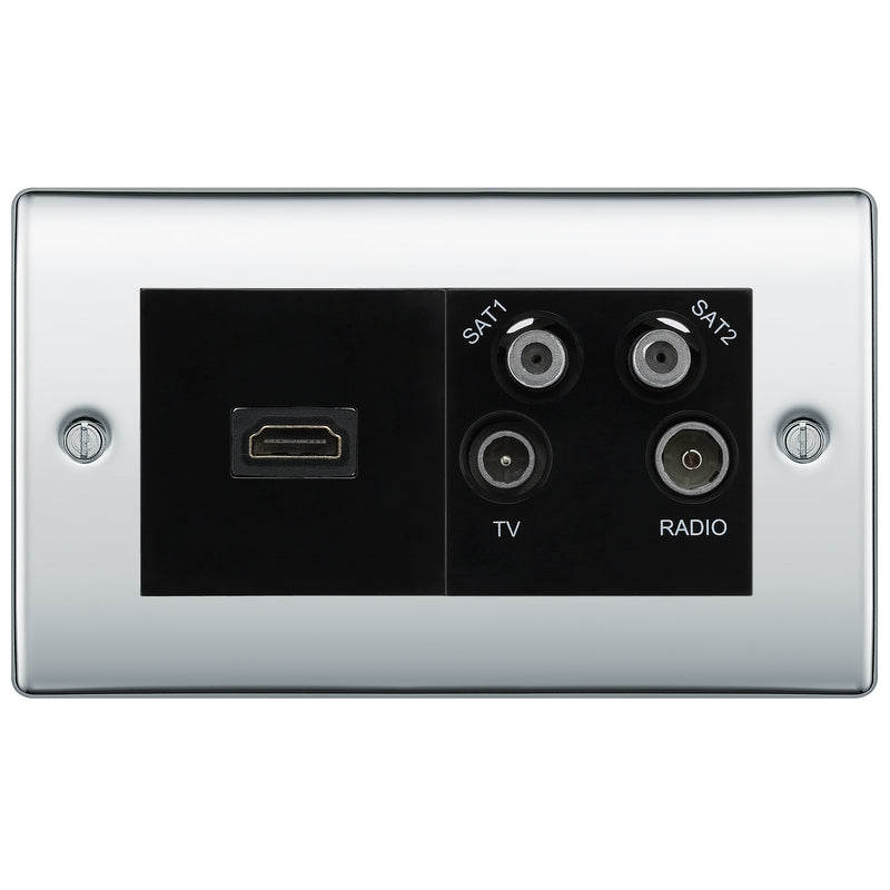 BG Nexus Polished Chrome 4G Faceplate with HDMI + TV/FM/SAT Module - Black