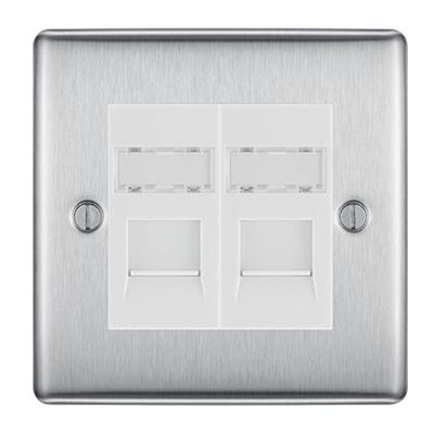 BG Nexus Metal Brushed Steel 2 Gang RJ45 Data Socket NBSRJ452W White Inserts by British General