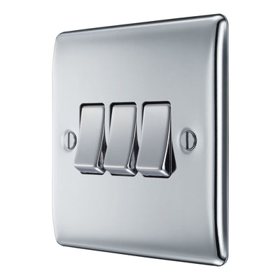 BG Nexus Metal Polished Chrome 20A 16AX 2 Way Triple Light Switch NPC43 with 25mm Steel Back Box