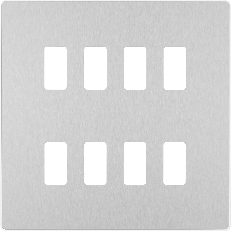 BG RPCDBS8W Evolve Grid Brushed Steel 8 Module Square Front Plate - White Trim