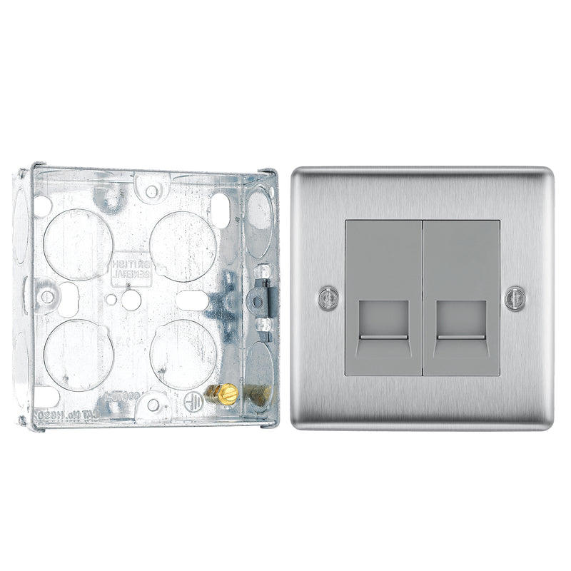 BG Nexus Brushed Steel Double Slave Telephone Socket NBSBTS2 with 25mm Steel Back Box